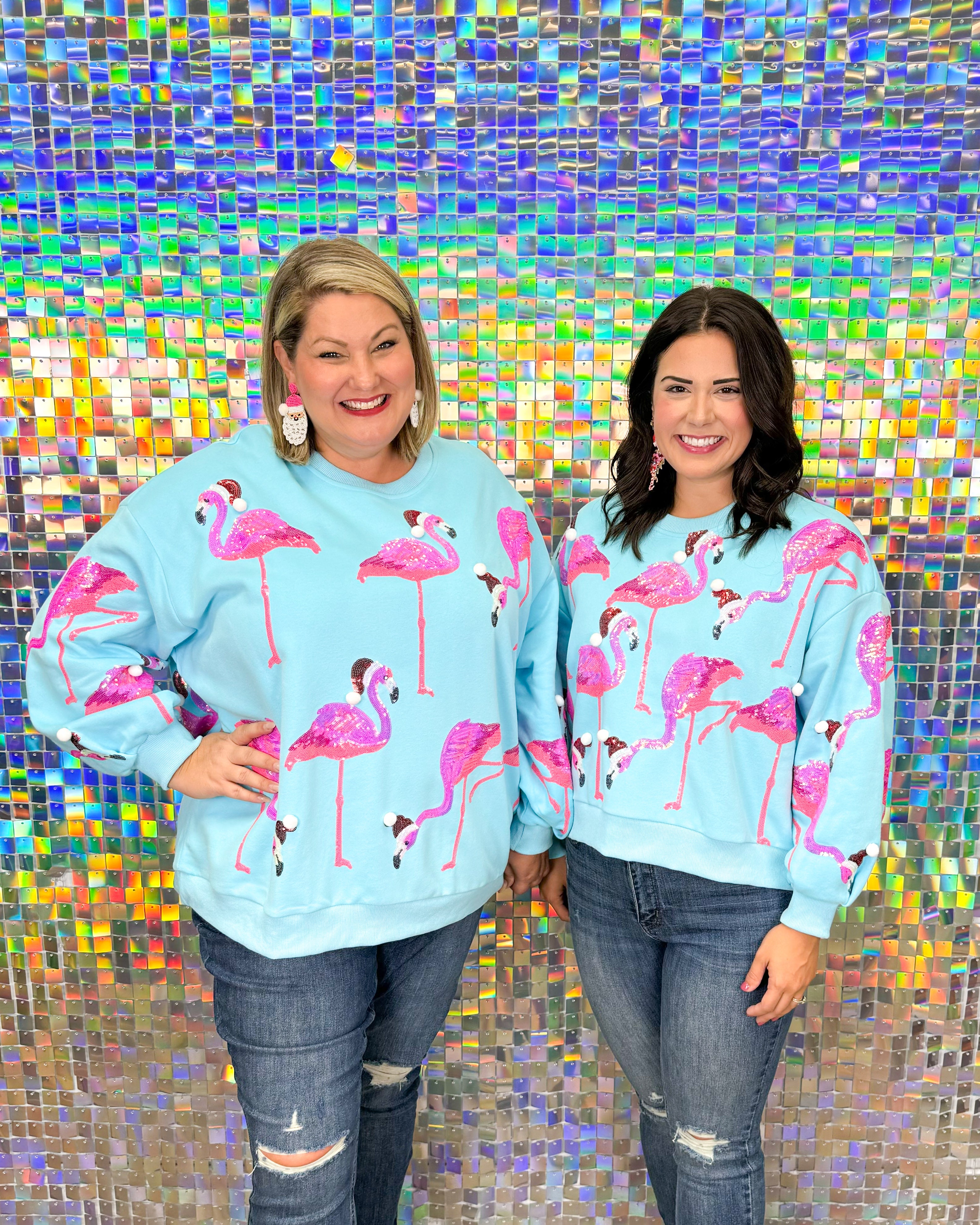 Queen of Sparkles Santa Hat Flamingo Sweatshirt - Aqua