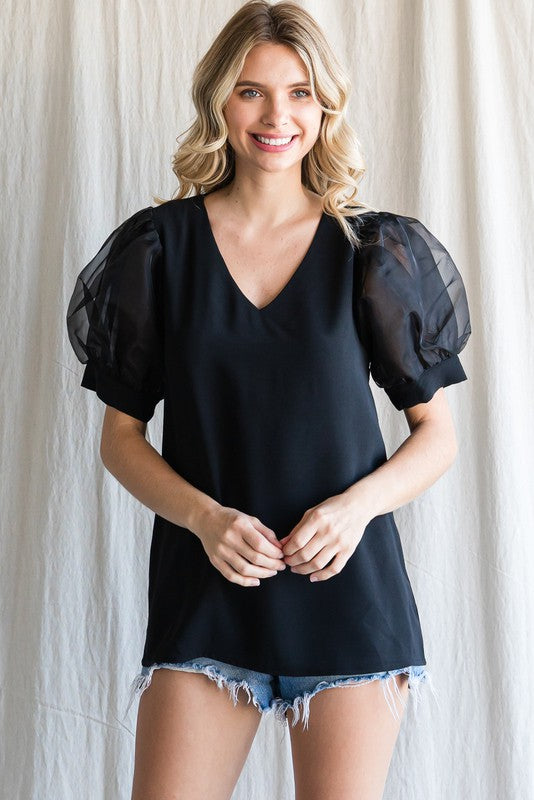 Jodifl Nice Tulle Know You Top - Black, short banded puff sleeve, v-neck, curvy