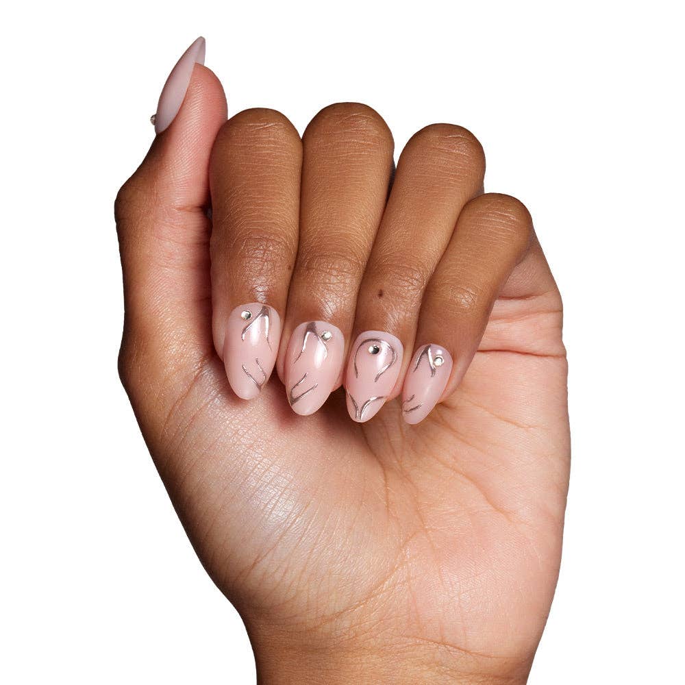 Glamnetic Astro Press-On Nails | 3D Raised Metallic  Silver | Short Almond