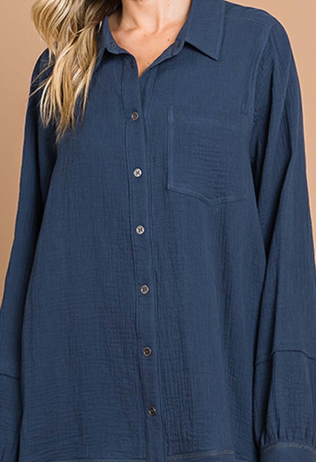 Cotton Bleu Reign It In Top - Dusty Blue, long sleeve, button down, collared, front pocket, gauze material, curvy