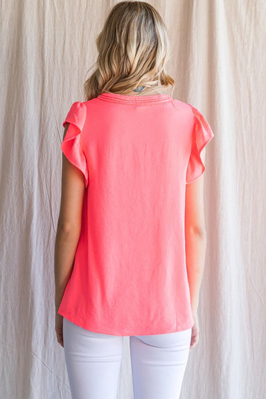Jodifl Walk With Me Top - Neon Pink, short ruffle sleeves, pintucked v-neck, curvy