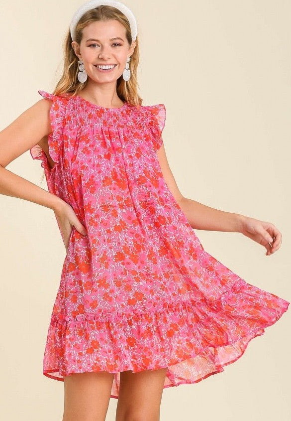Umgee Floral Mania Dress - Hot Pink Mix, short ruffle sleeves, tiered, floral print, rounded neck, plus size