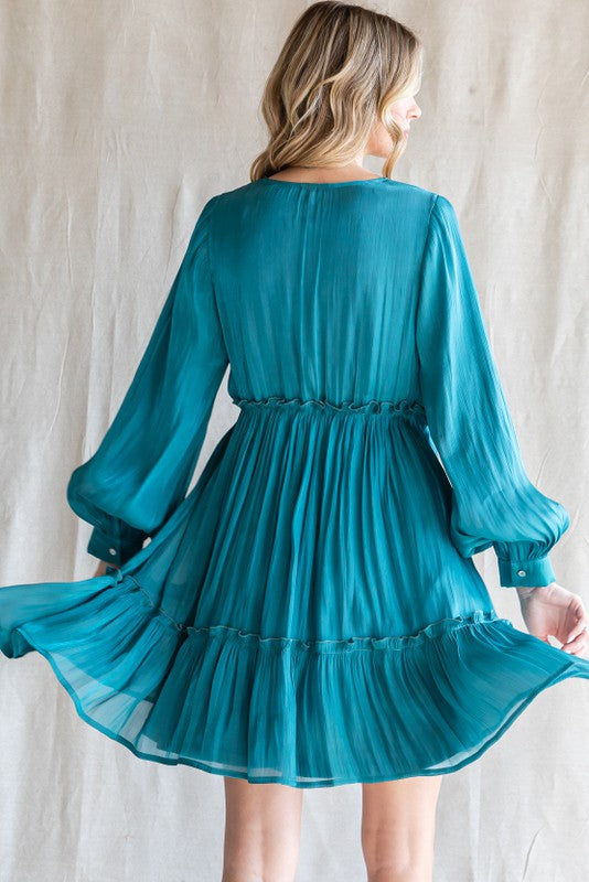Jodifl Lisa Dress - Teal, long cuff sleeves, v-neck, chiffon, elastic waist, tiered skirt