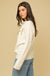 Gilli Cheers Everyday Sweater - White, long sleeve, banded hem, metallic thread "cheers" curvy
