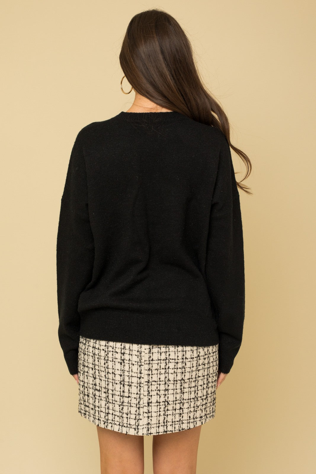 Gilli Cheers Everyday Sweater -Black, long sleeve, banded hem, metallic thread "cheers" curvy