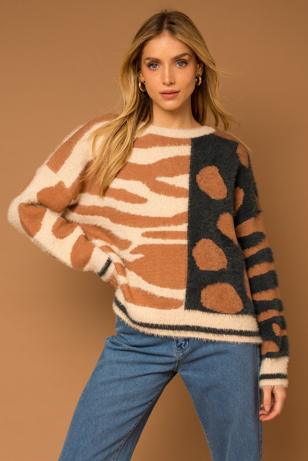 Gilli On To The Wild Side Sweater -  Taupe/Charcoal, long sleeve, color block, 2 different animal prints, round neck, plus