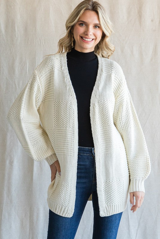 Jodifl Fair And Square Cardigan - Cream, long sleeve, textured, open front, bubble sleeve