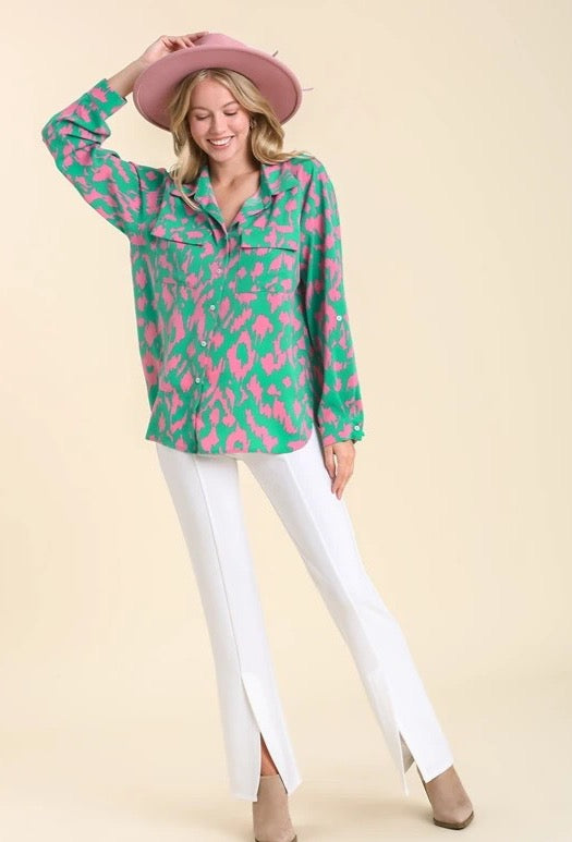 Umgee Going Places Top - Emerald Mix, satin, two chest pockets, collared, button down, long sleeve, curvy, animal print