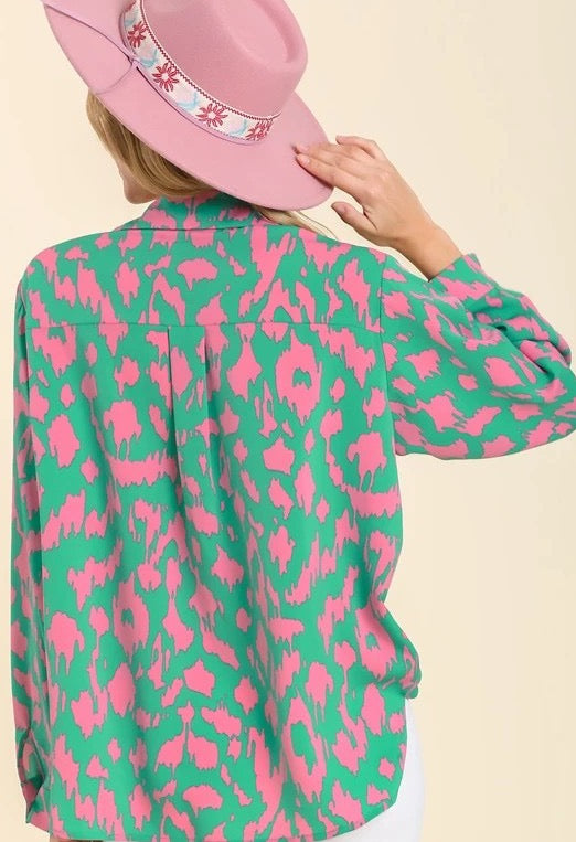 Umgee Going Places Top - Emerald Mix, satin, two chest pockets, collared, button down, long sleeve, curvy, animal print