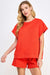 See and Be Seen Luxe Travel Top- tomato red, short sleeves, rounded neck, textured, curvy