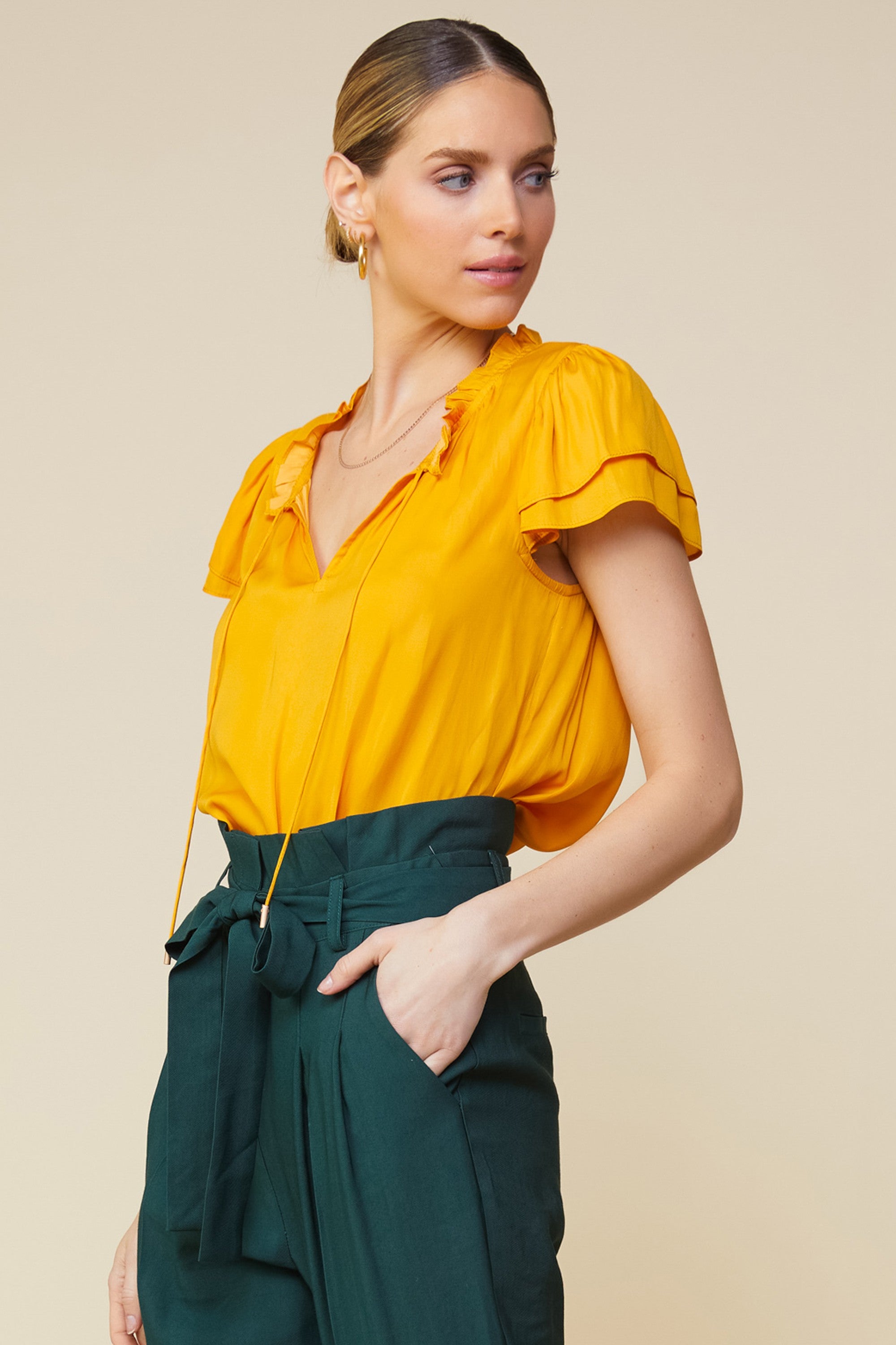 Skies are Blue Sweet and Sassy Top -Marigold, tie v- neck, ruffle collar, double flutter sleeves, curvy
