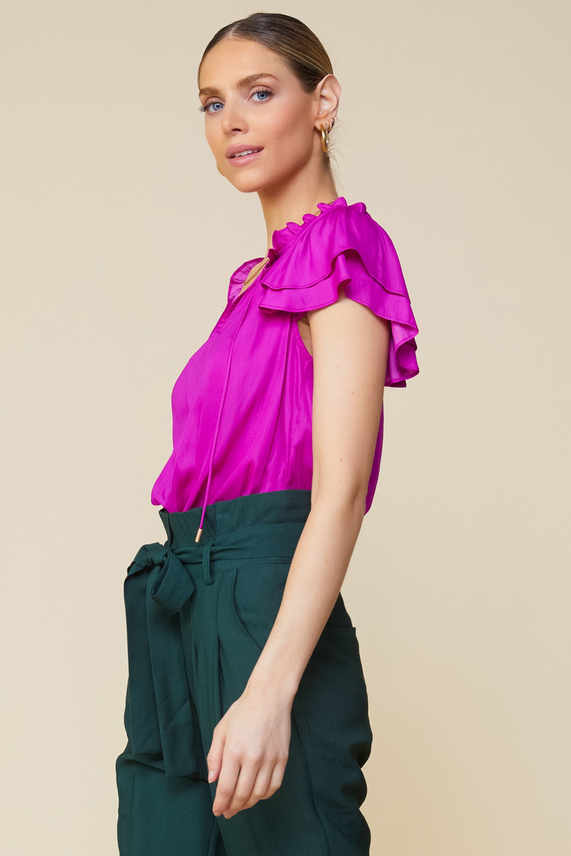 Skies are Blue Sweet and Sassy Top - Orchid, tie v- neck, ruffle collar, double flutter sleeves, curvy