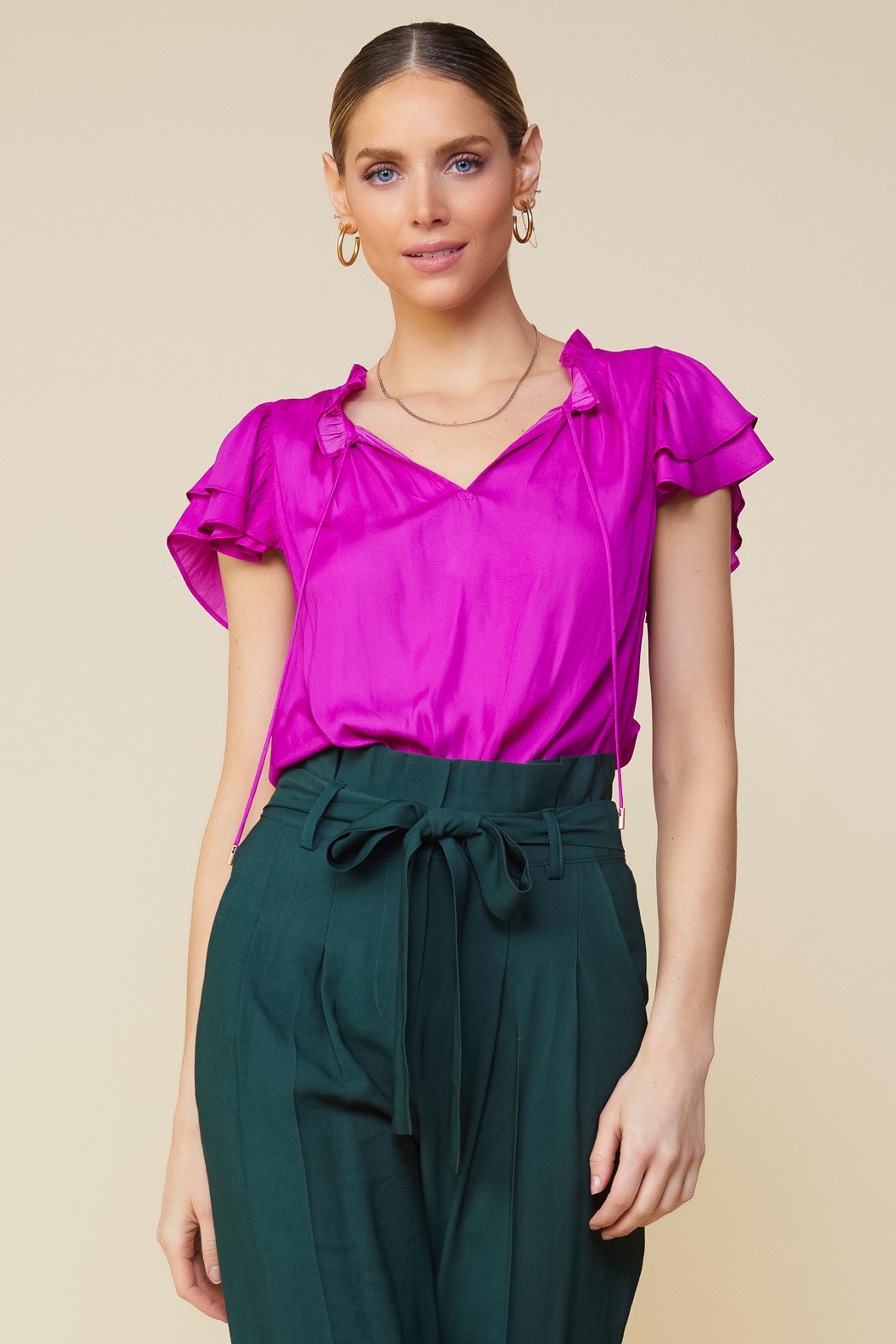 Skies are Blue Sweet and Sassy Top - Orchid, tie v- neck, ruffle collar, double flutter sleeves, curvy