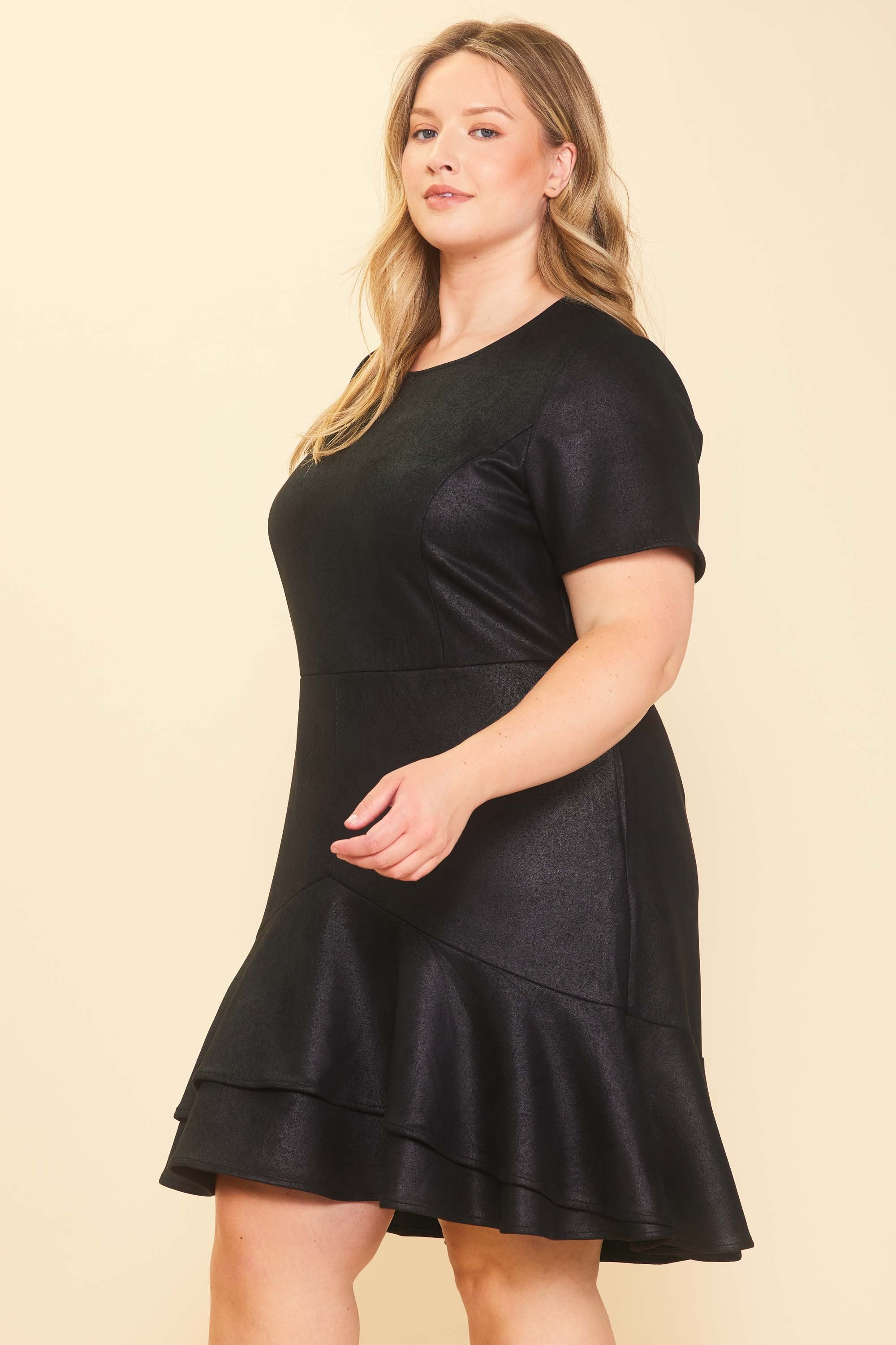 Skies Are Blue Sadie Faux Suede Dress - Black, short sleeve, round neck, tiered ruffle skirt, curvy