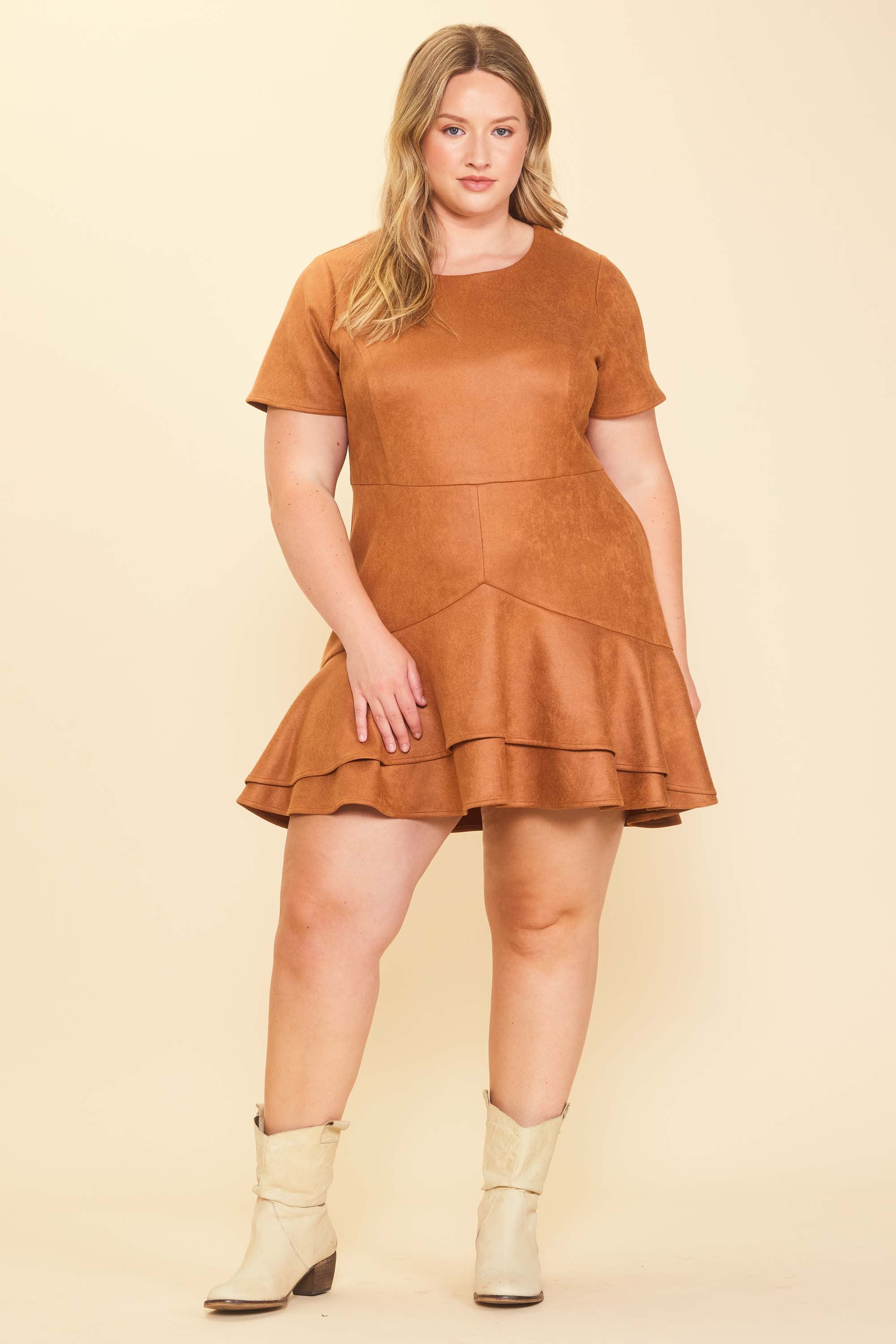 Skies Are Blue Sadie Faux Suede Dress - Camel, short sleeve, round neck, tiered ruffle skirt, curvy