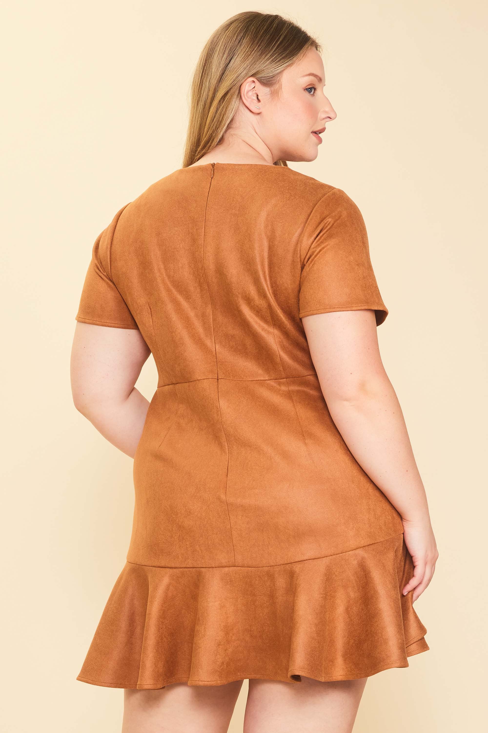 Skies Are Blue Sadie Faux Suede Dress - Camel, short sleeve, round neck, tiered ruffle skirt, curvy