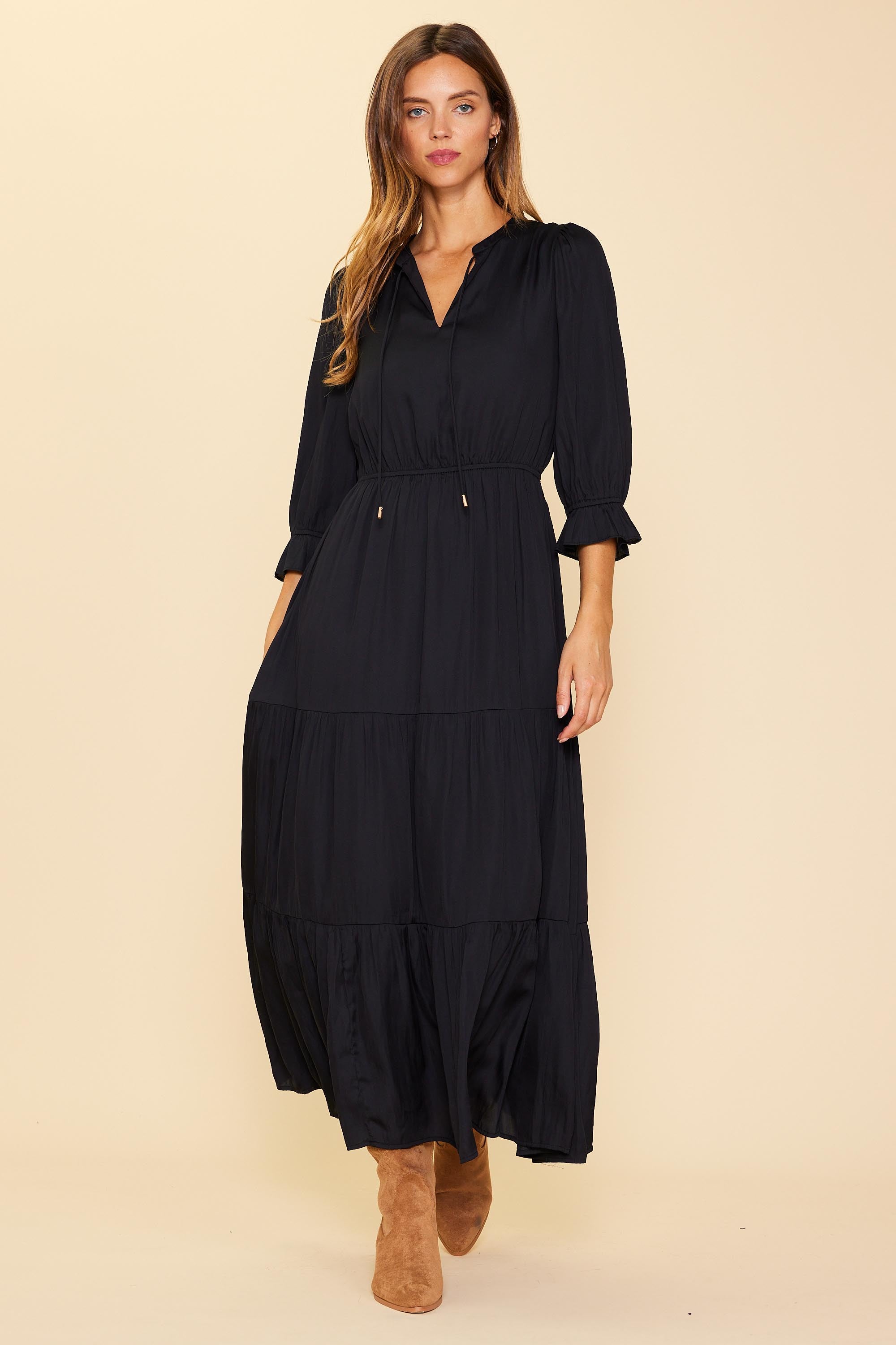 Fall For Me Maxi Dress -Black, long sleeve, tie v-neck, tiered, maxi, plus