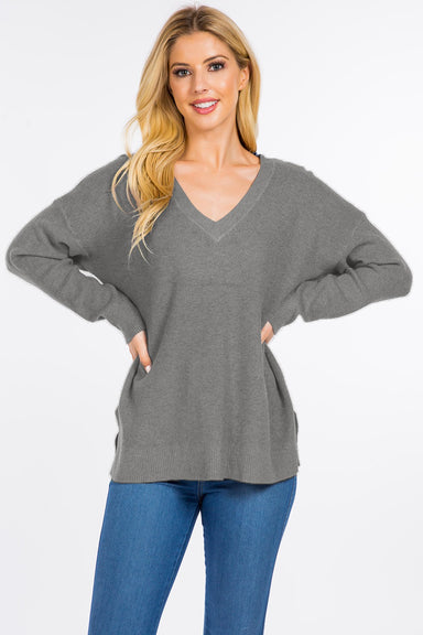 Dreamers Waffle Knit Sweater- Heather Charcoal. waffle knit, v-neck, long sleeves,