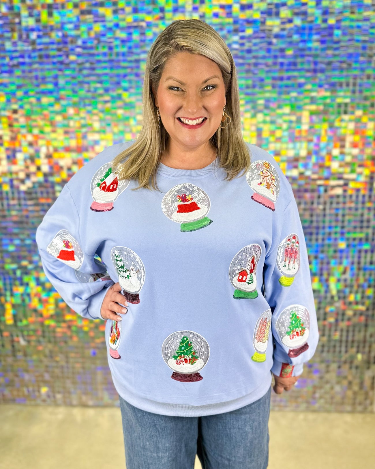 Queen of Sparkles Christmas Snow Globe Sweatshirt - Powder Blue