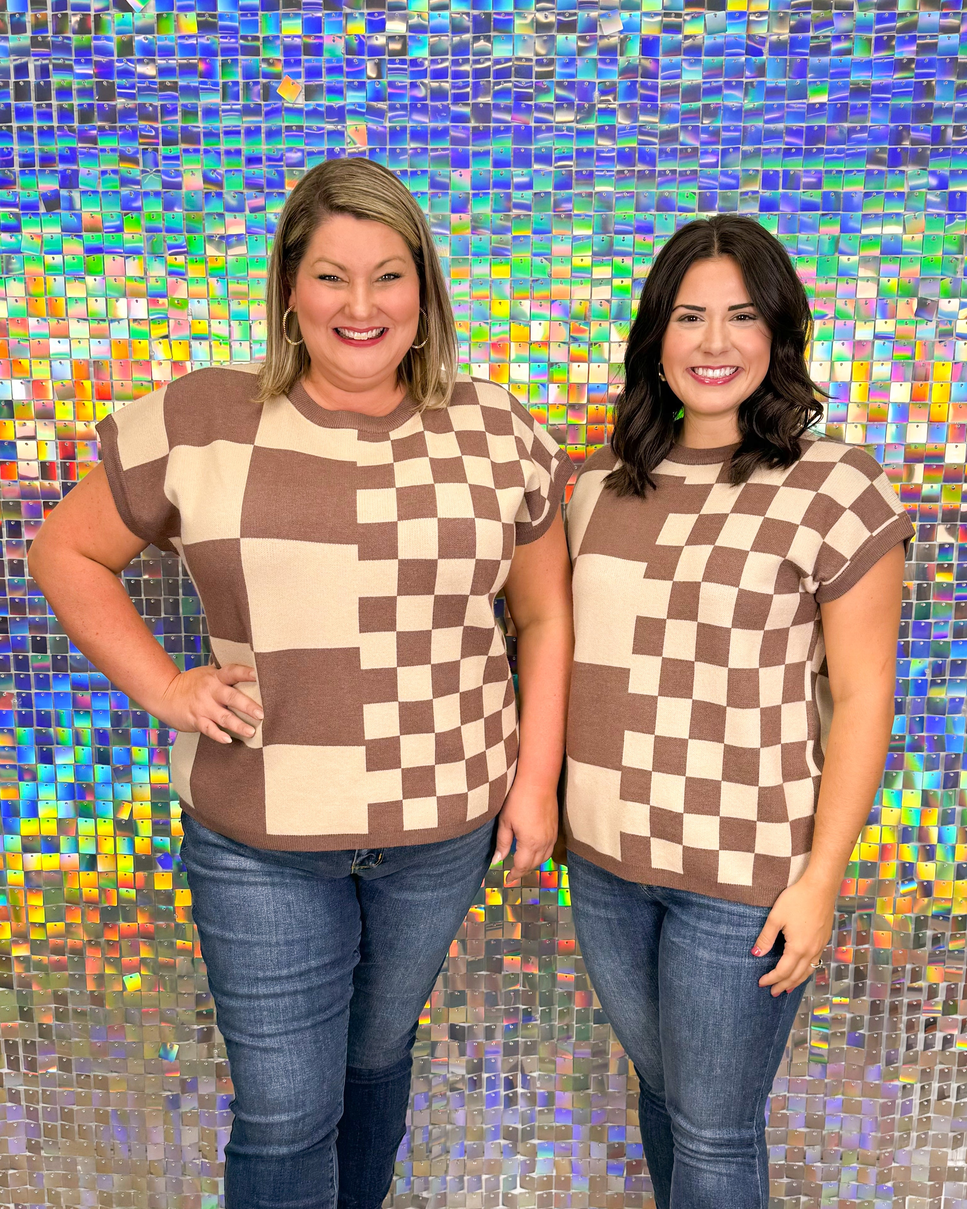 First Love Pepi Sweater - Cocoa/taupe, brown, tan, checkered, grid, pattern, round neck, short sleeve, plus size