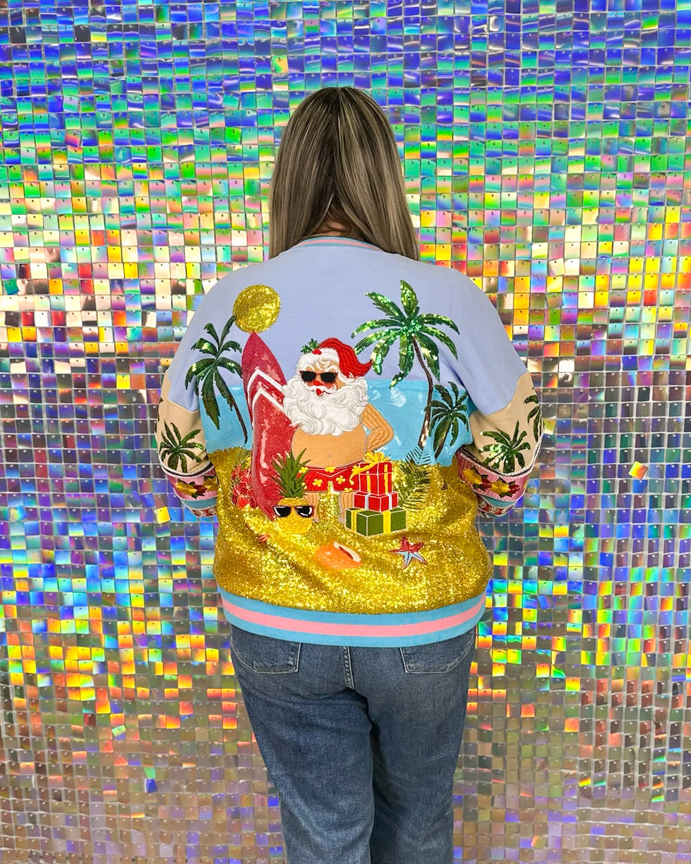Queen of Sparkles Vintage Vacation Santa Sweatshirt - Blue/Gold