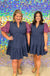 Entro McKayla Dress - Navy, plus size, tiered, mini, embroidered, puff sleeves, v-neck