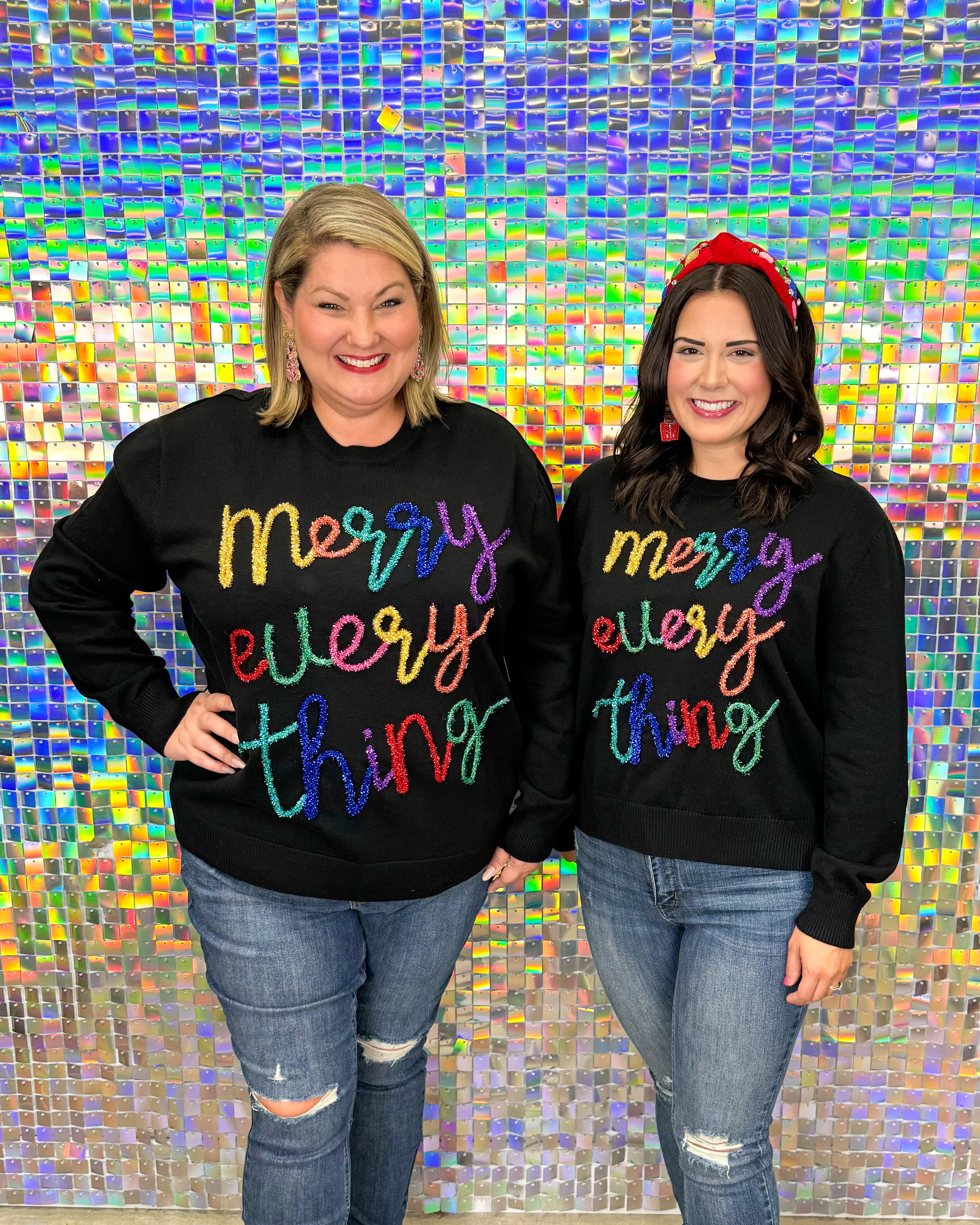 Queen of Sparkles Merry Everything Glitter Script Sweater - Black