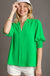 Umgee Tangled Top - Apple Green, 3/4 sleeve with smocked cuff, pleated v-neck with trim, plus size