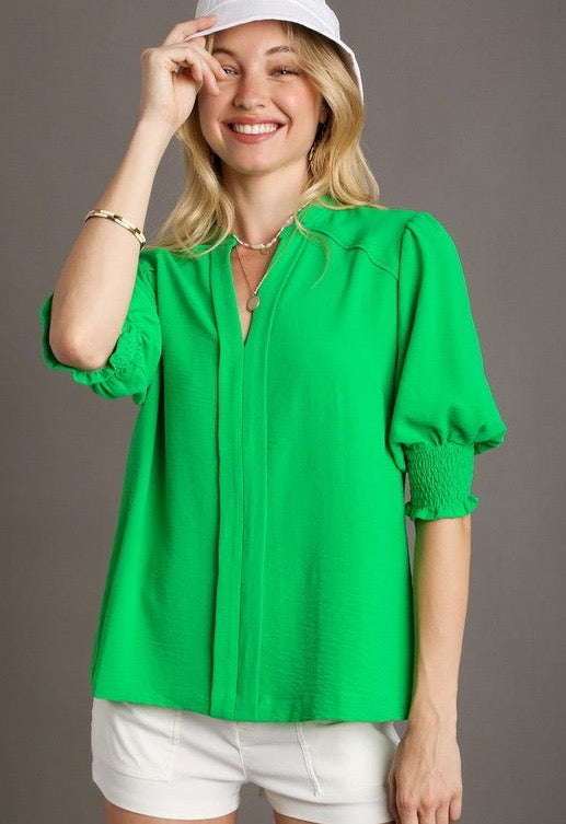 Umgee Tangled Top - Apple Green, 3/4 sleeve with smocked cuff, pleated v-neck with trim, plus size