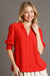 Umgee Tangled Top - Orange/red, 3/4 sleeve with smocked cuff, pleated v-neck with trim, plus size