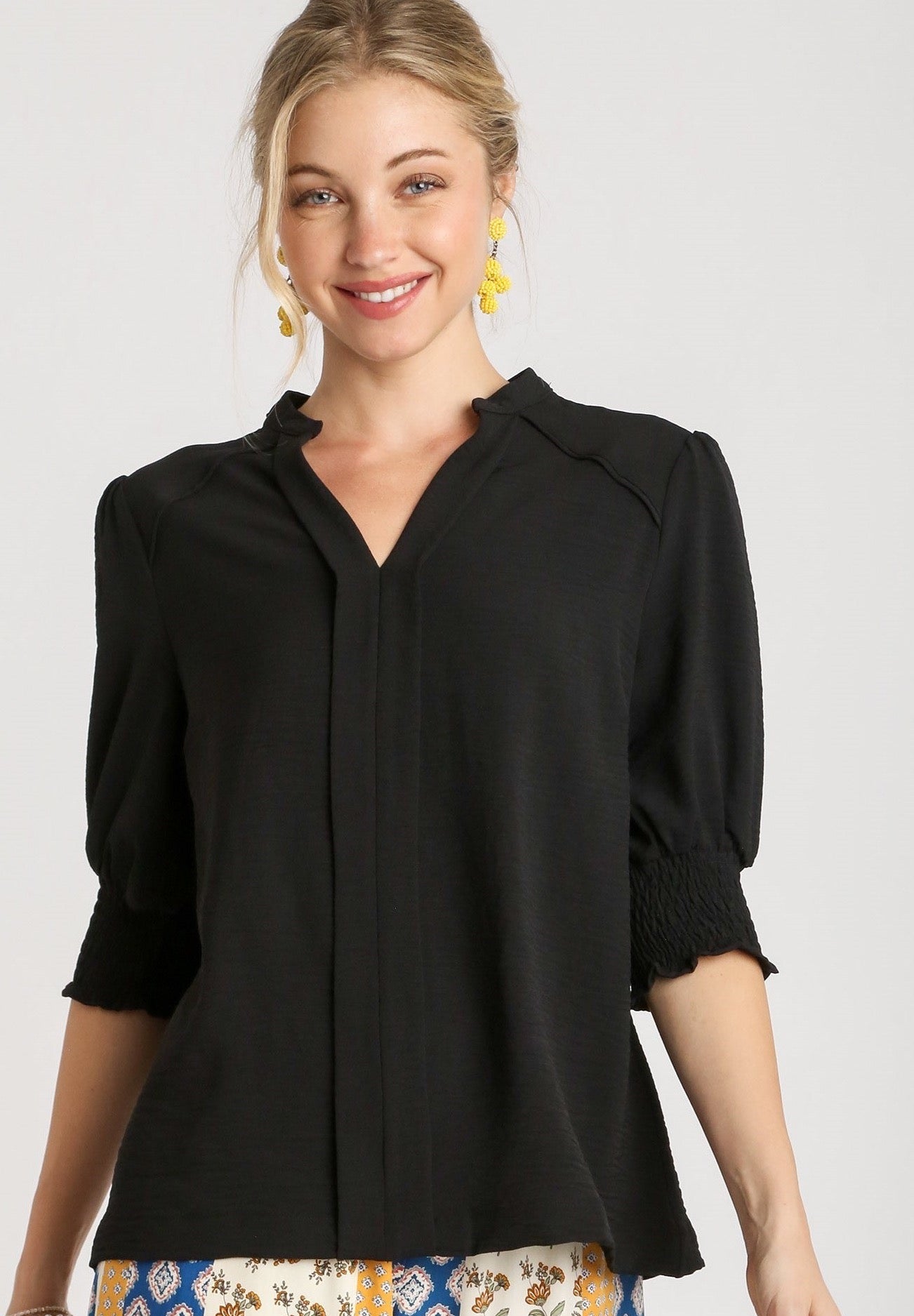 Umgee Tangled Top - Black, 3/4 sleeve with smocked cuff, pleated v-neck with trim, plus size