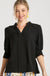 Umgee Tangled Top - Black, 3/4 sleeve with smocked cuff, pleated v-neck with trim, plus size
