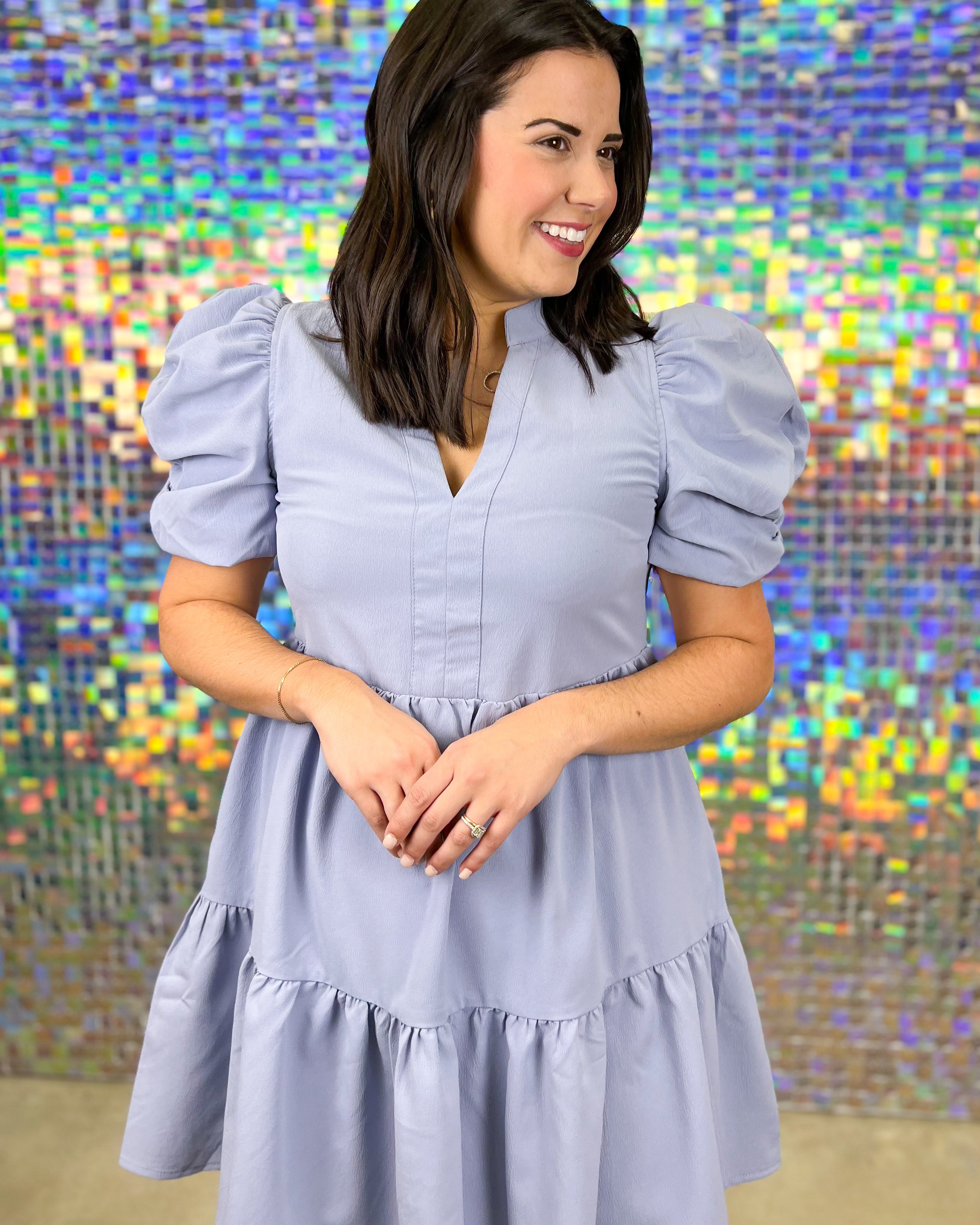 Entro All The Right Moves Dress - Chambray, tiered, v-neck, mini, plus size, puff sleeves