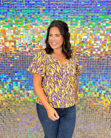 Michelle McDowell Paisley Tiger Tail Top - Purple Gold Game Day