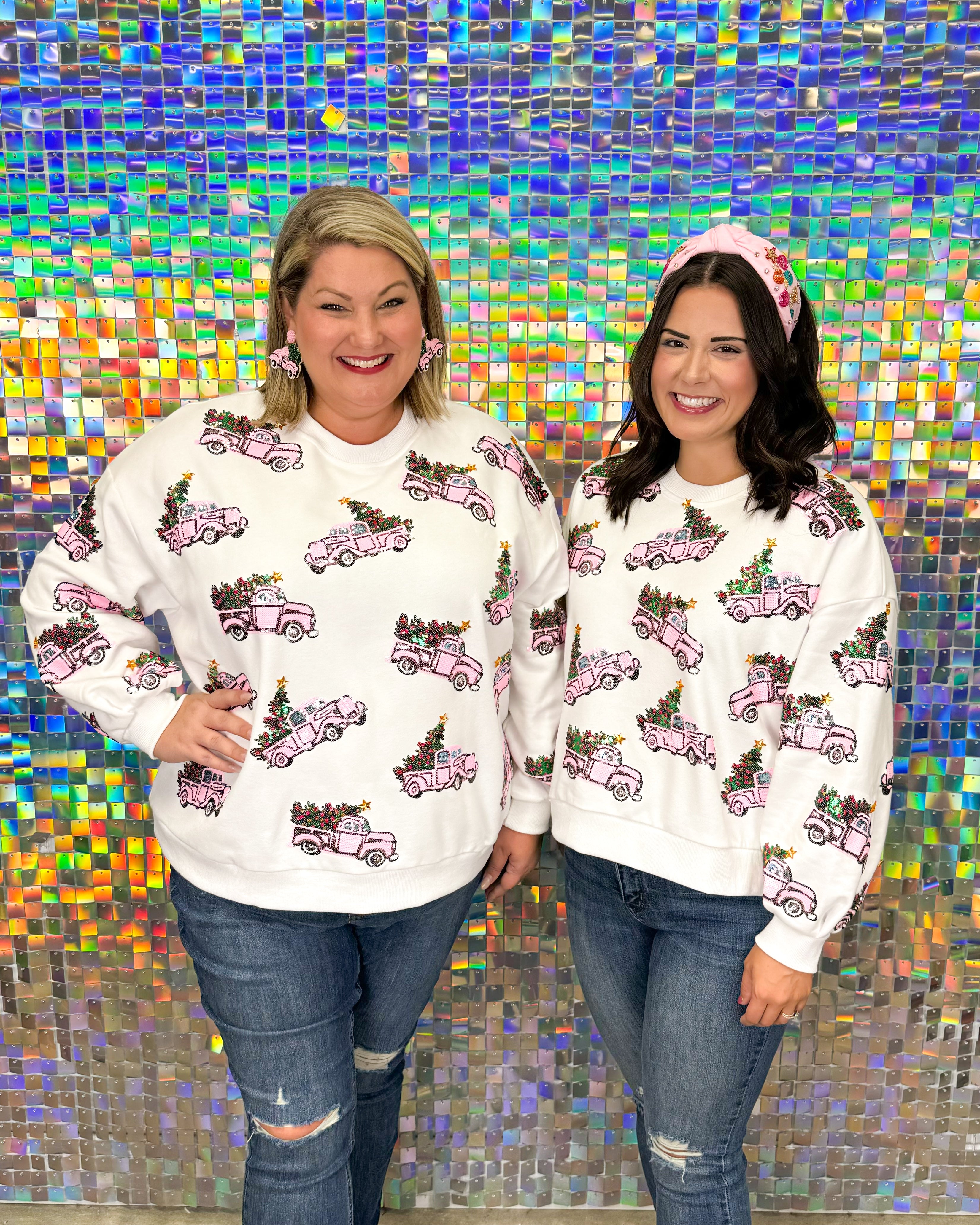 Queen of Sparkles Christmas Tree Trucks Sweatshirt - White