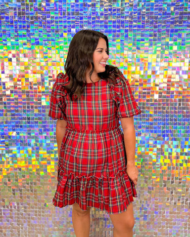 Entro Happy Plaid Dress - Red, short puff sleeve, round neck, ruffle shoulders, tiered mini, plus