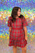 Entro Happy Plaid Dress - Red, short puff sleeve, round neck, ruffle shoulders, tiered mini, plus