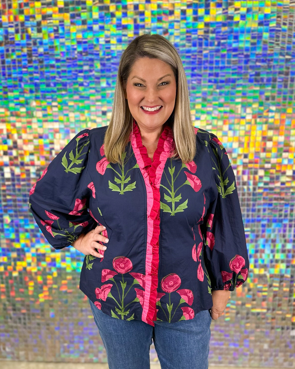 Wild Flower Top  - Navy