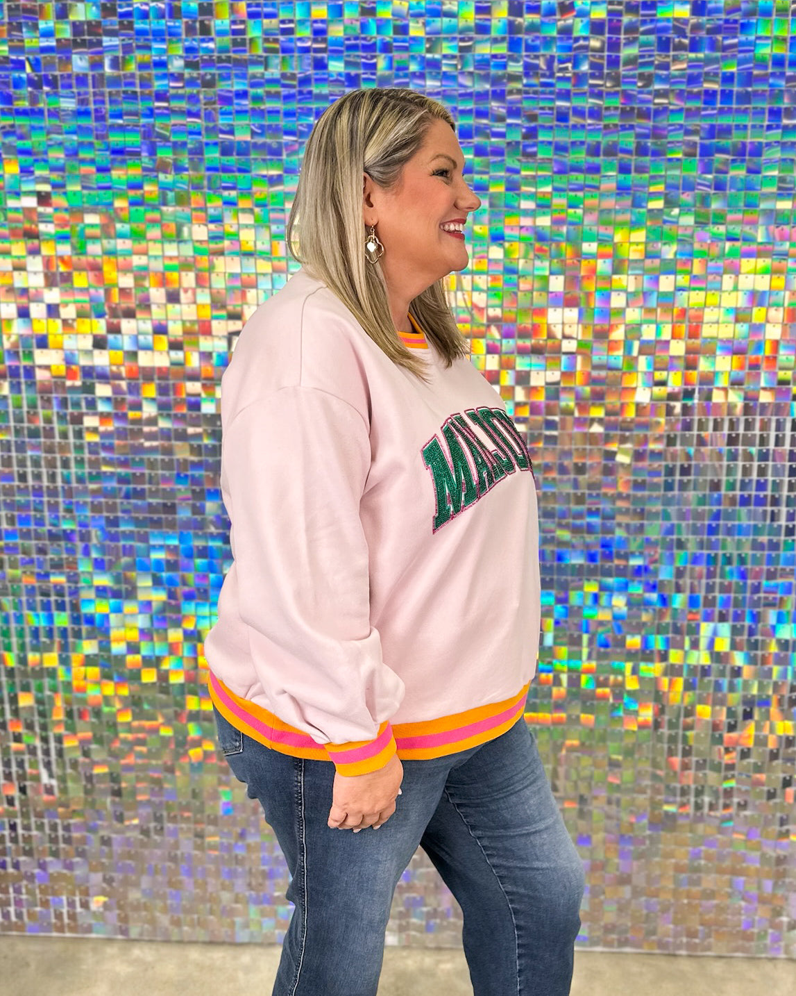 Queen of Sparkles Mahjong Rhinestone Sweatshirt - Orange & Green