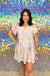 Entro Mykonos Dress - Pink Multi, v-neck, short sleeve, flutter, tiered, mini, watercolor