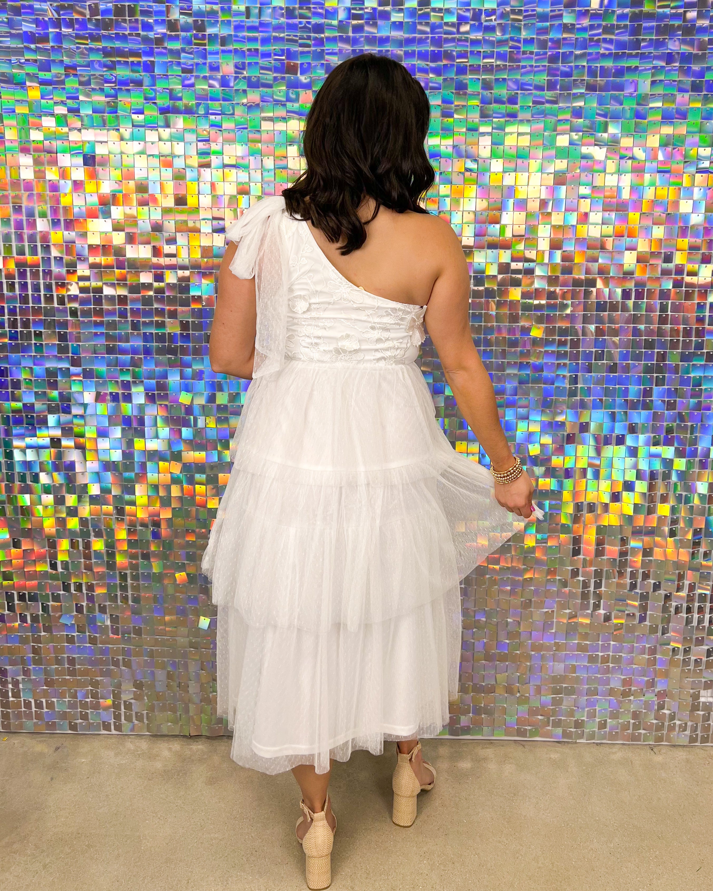 Entro Natalie Dress - White, one shoulder, applique, flowers, tiered, tulle skirt, midi, wedding, bride, graduation