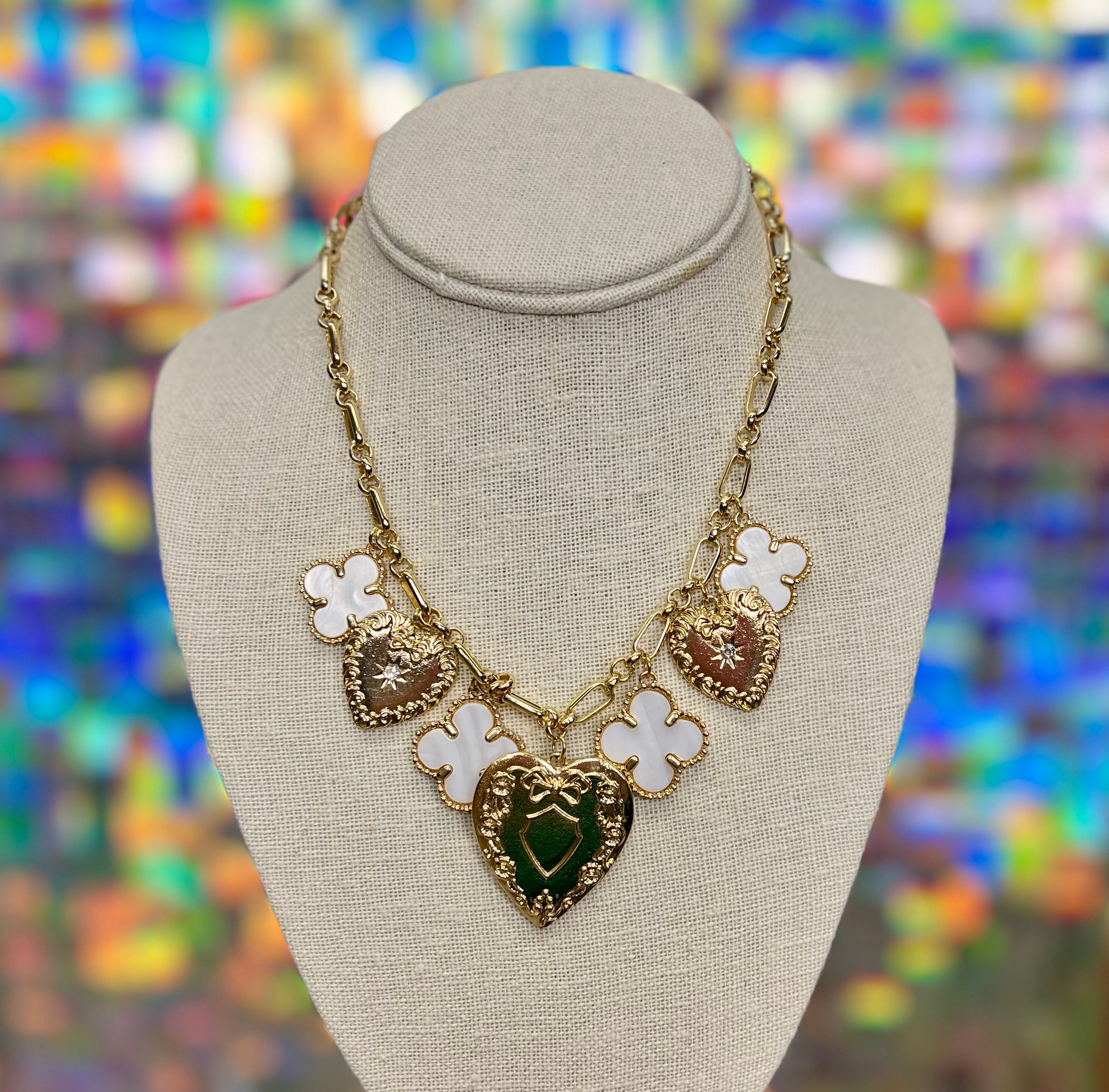 Heart & Pearl Clover Multi Charm Necklace