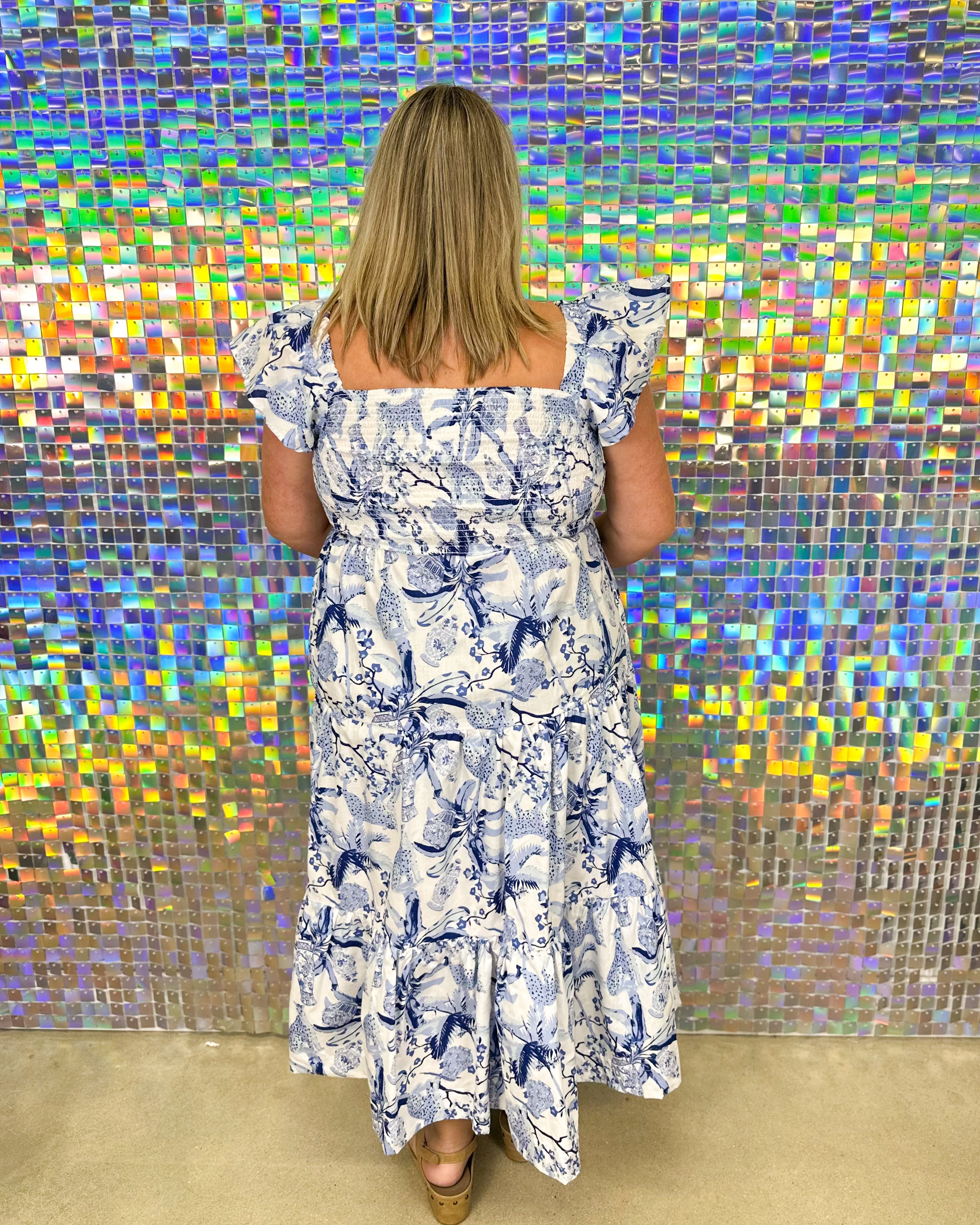 Smocked Dress - Blue Leopard Palms