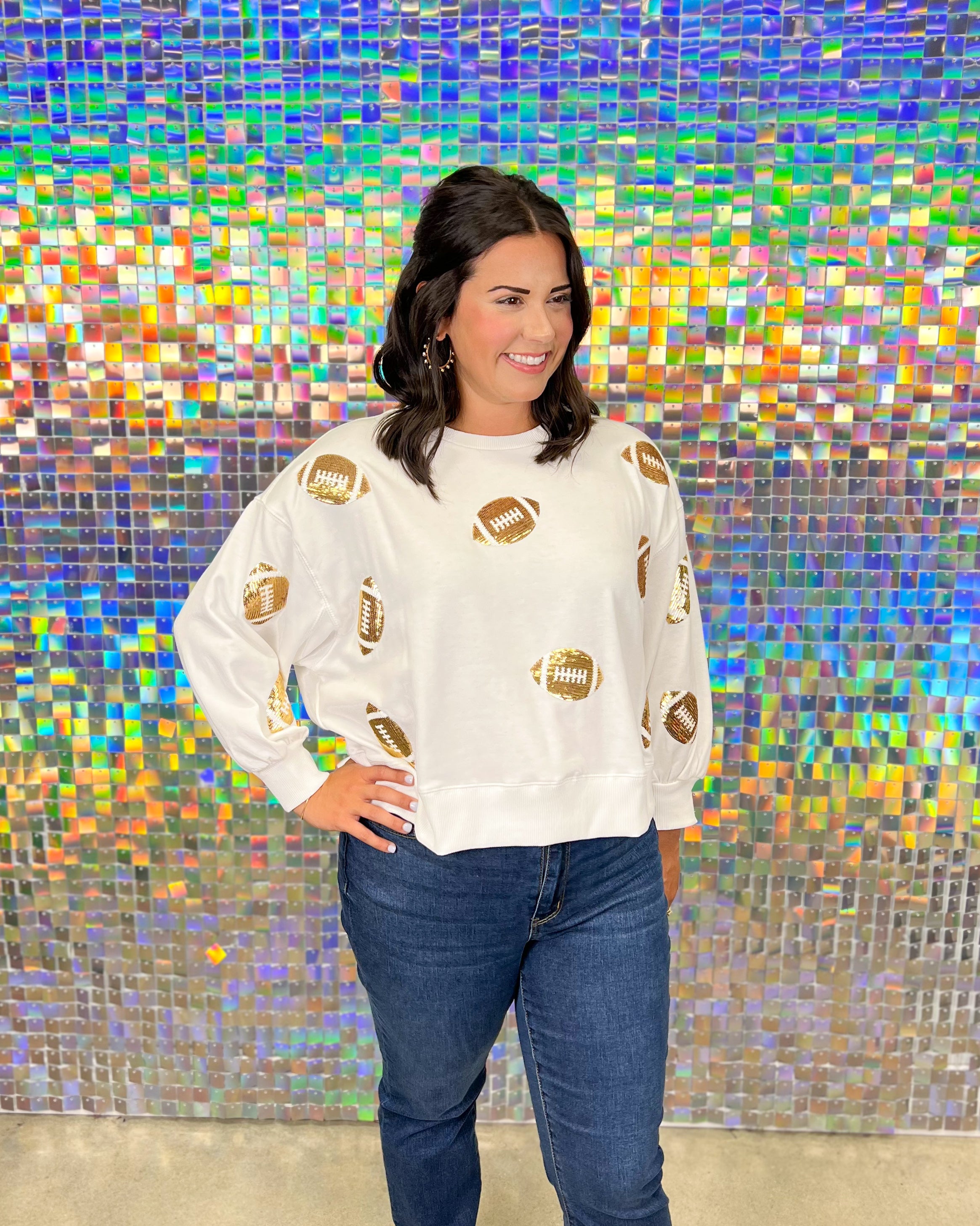 Mary Square Millie Football Sweatshirt - Gold, game day, plus size, white