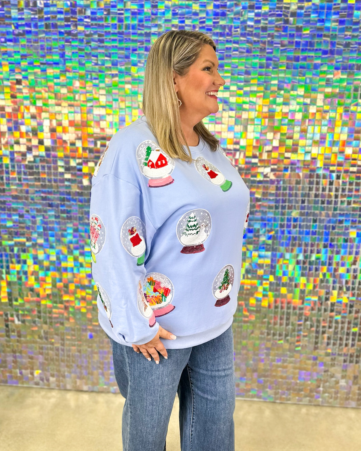 Queen of Sparkles Christmas Snow Globe Sweatshirt - Powder Blue