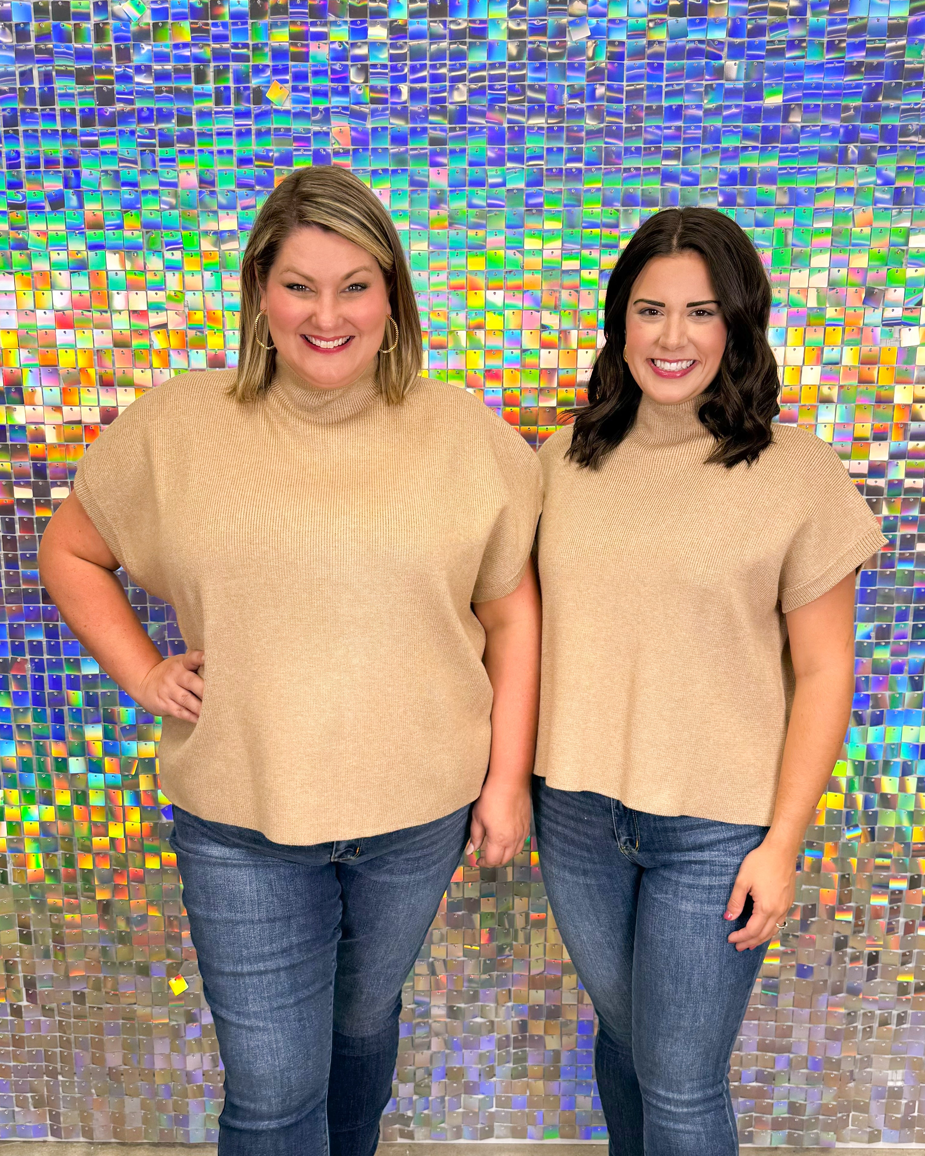 Jodifl Perfectly For You Sweater - Taupe, mock neck, short sleeves, oversized, plus size