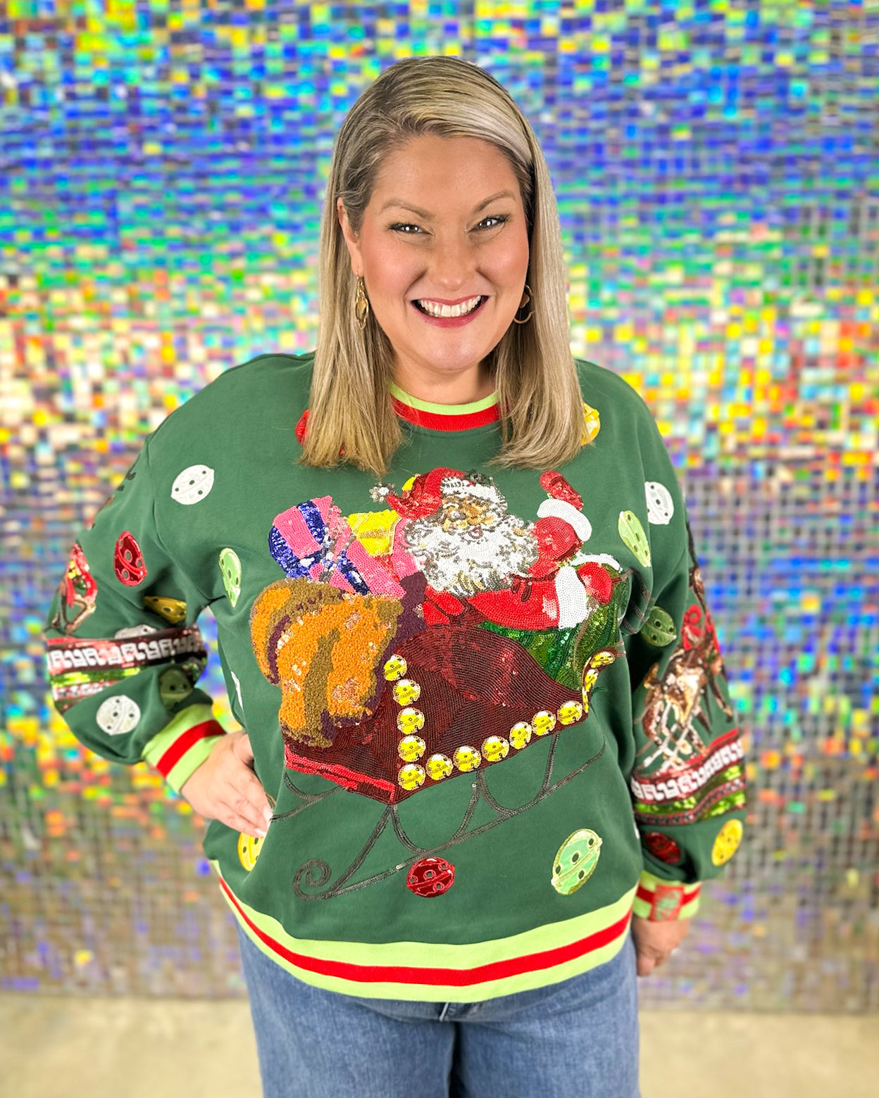 Queen of Sparkles Vintage Jingle Bell Santa Sweatshirt - Dark Green