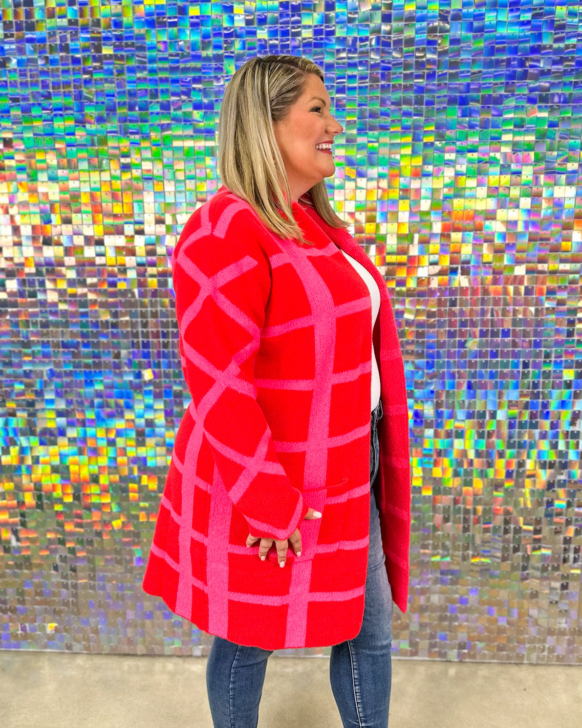 Colette Checker Cardi Coat - Pink/Red