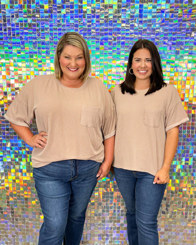 Umgee Limitless Top - Latte, plus size, pocket, ribbed, tee, short sleeve