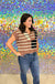 Entro Cute and Classic Sweater - Brown, Black, Tan, stripe, zipper, v-neck, cropped, short sleeve